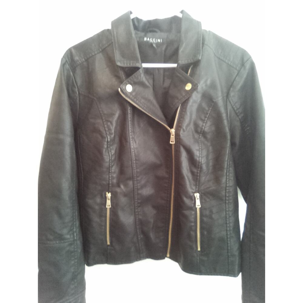 Baccini Women’s Black Faux Leather Moto Jacket Size XL Full Zip Pockets Stylish